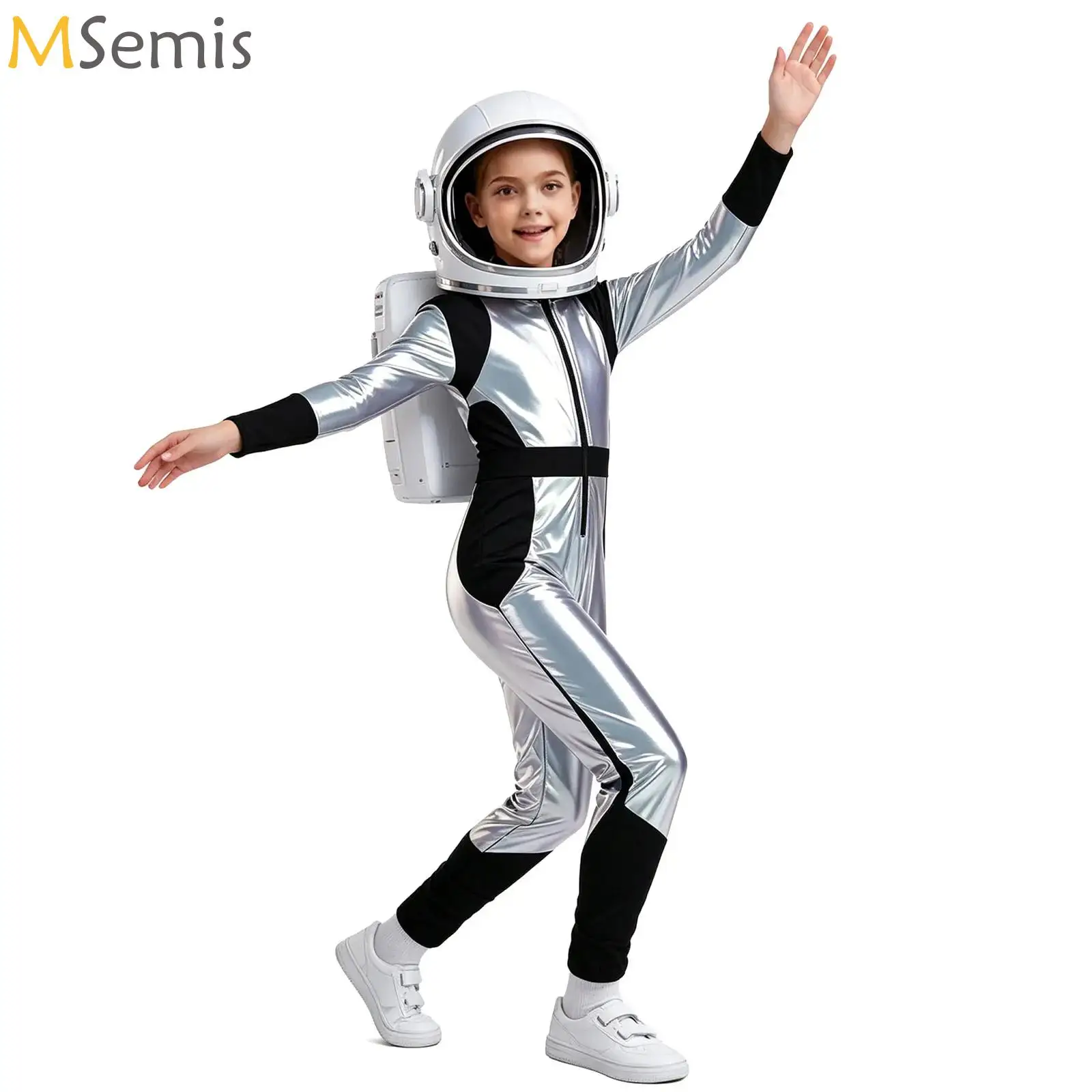 

Girls Alien Robot Astronaut Cosplay Costume Long Sleeve Metallic Shiny Hooded Jumpsuit for Halloween Outer Space Theme Party