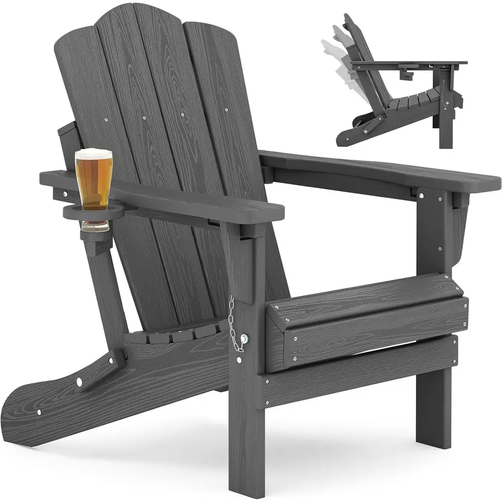 Weather-Resistant Reclining Adirondack Chair with Cup Holder, Gray, Durable HDPE Material