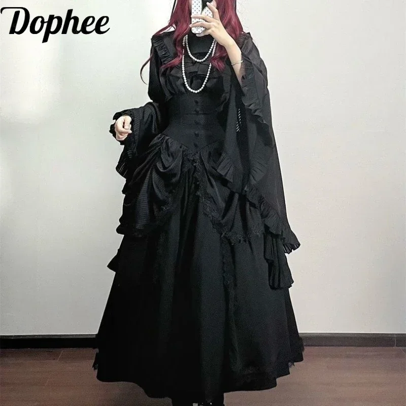 Dophee Original Lolita Sets SK Solid Black White Flare Sleeve Women Shirts Elegant Top High Waist High Waist Skirt Gothic Suits