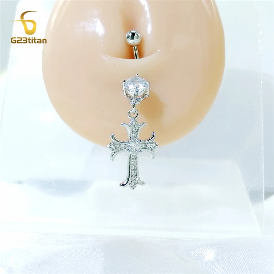 Shiny Silver Color Zircon Cross Dangle Belly Button Ring 14G Titanium Bar Navel Piercing Body Jewelry for Women Sexy Accessories