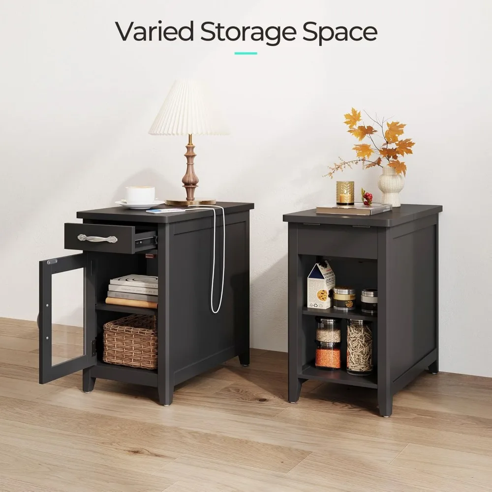 

Nightstand with Charging Station, Narrow Side Table for Living Room, Sofa Side Table with Drawer and Storage Cabinet, Nightstand