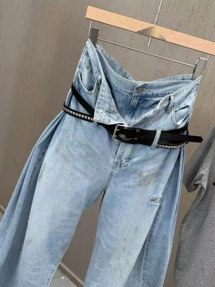 Women Fashion Personality Fake Two Piece High Waist Denim Pants