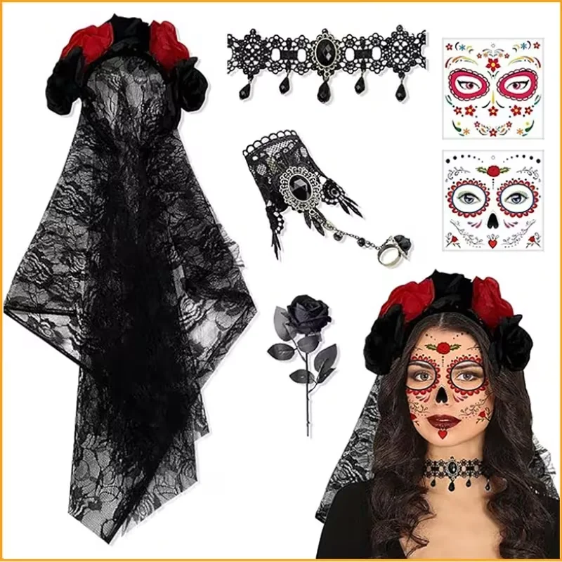 6Pcs Day of The Dead Costume Accessories Set Women Rose Flower Crown Headband Black Lace Veil Choker Face Tattoo Makeup