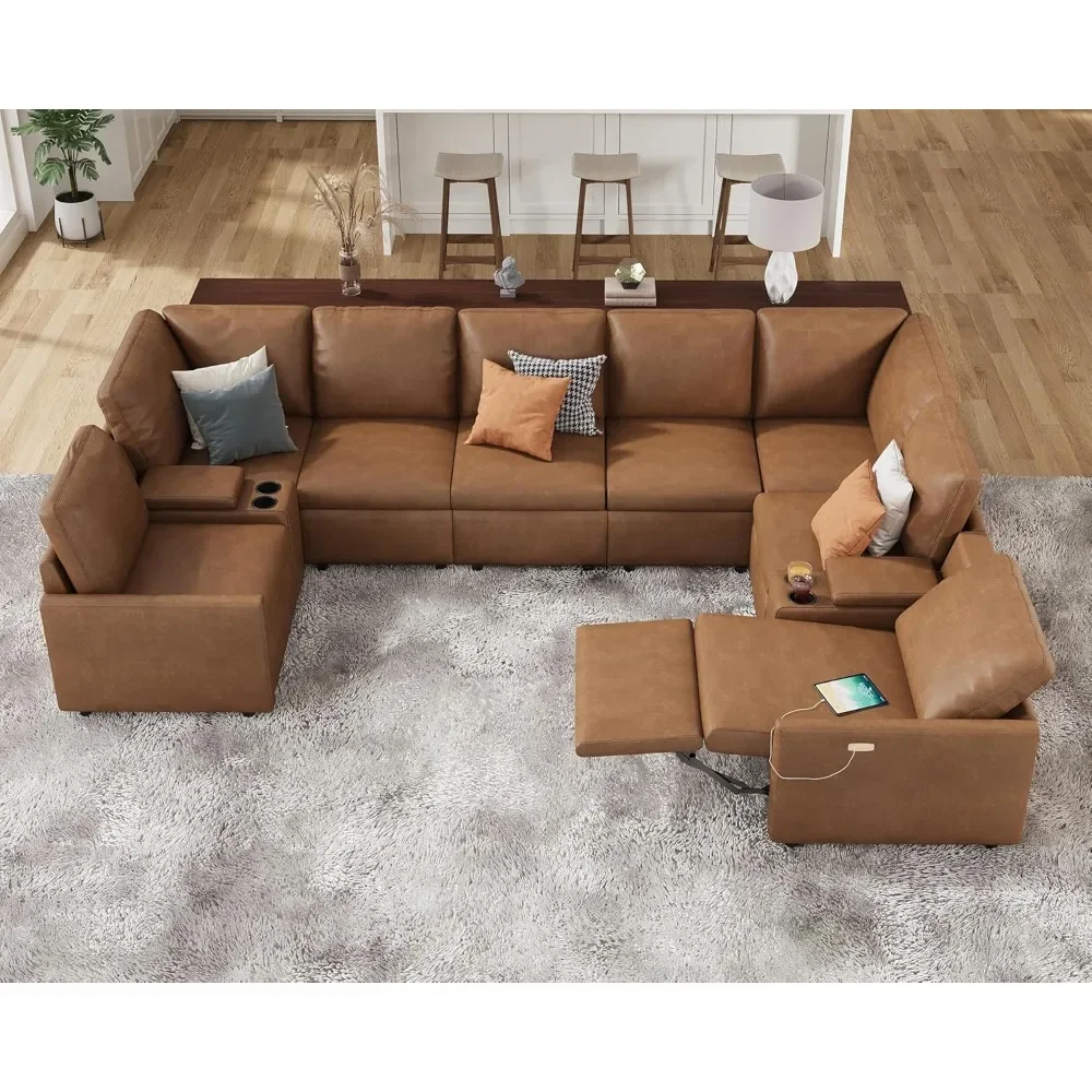 Reclining Sectional Sofa, Power Recliner Right Recliner, 8 Seats U Shaped Couch, Leather Modular Sofa for Living Room