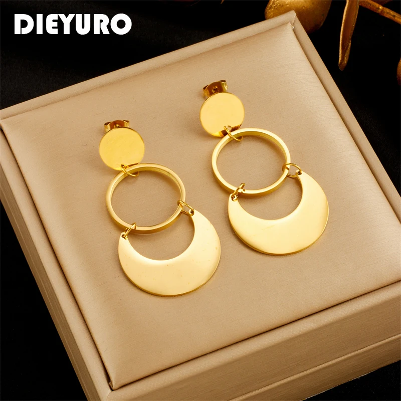 

DIEYURO 316L Stainless Steel Gold Color Circles Drop Earrings For Women Girl Fashion Non-fading Ear Jewelry Gift Party Серьги