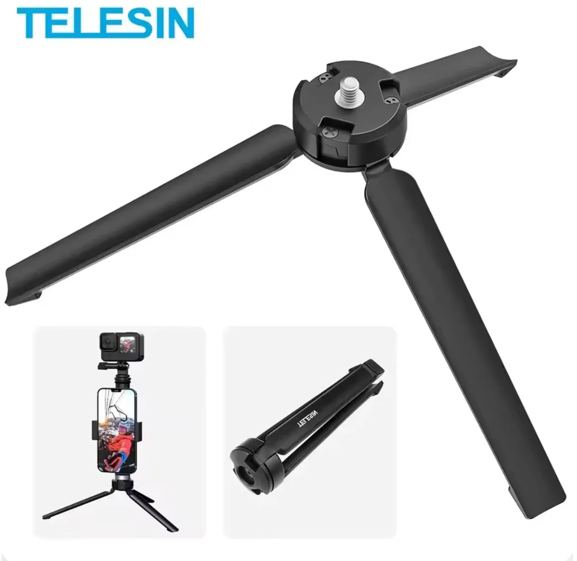 

TELESIN Aluminum Alloy Collapsible Tripod with 1/4 Screw Hand Strap for GoPro Hero 13/12/11/10 Insta360 X5 And DJI Action 6/5 Ca
