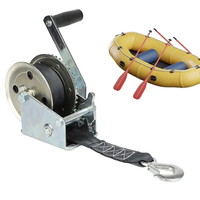 Trailer Hand Winch Two Way Heavy Duty Hand Winch Steel Construction Manual Winch With Polyester Strap & Hook For Towing Boat