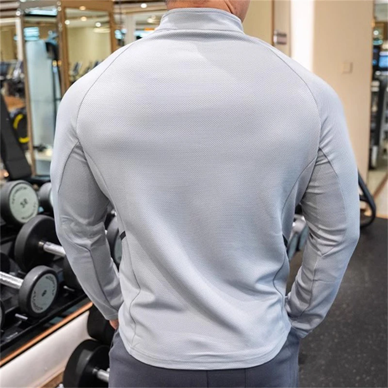 Men's Fitness Running Jackets Sports Long Sleeve Jacket Coats Zipper Up Stand Collar Solid Gray Coat Male Gym Training Sportwear