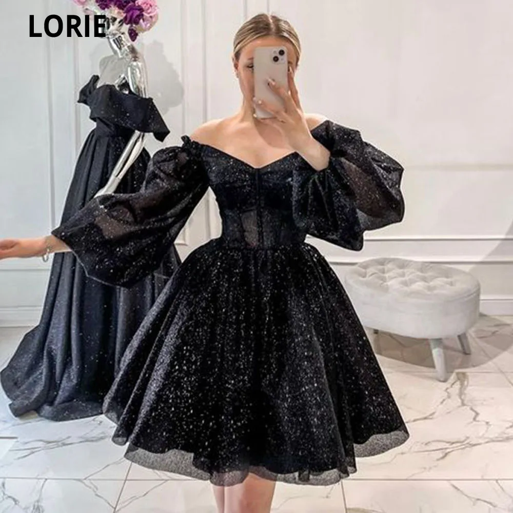 LORIE Black Short Evening Dresses 2022 Formal Gliiter Tulle Prom Party Gowns Strapless Puff Sleeves A-line Beach Princess Dress