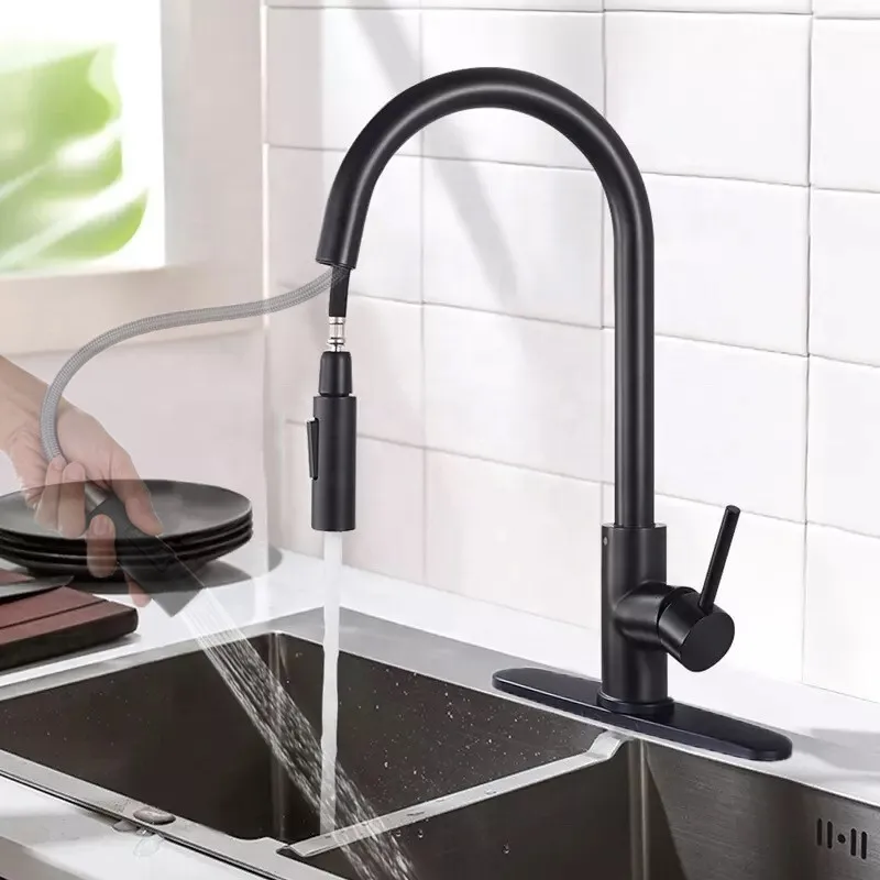 

Black Kitchen Faucet Single Handle Pull Down Sprayer Swivel Mixer Tap w/ Cover