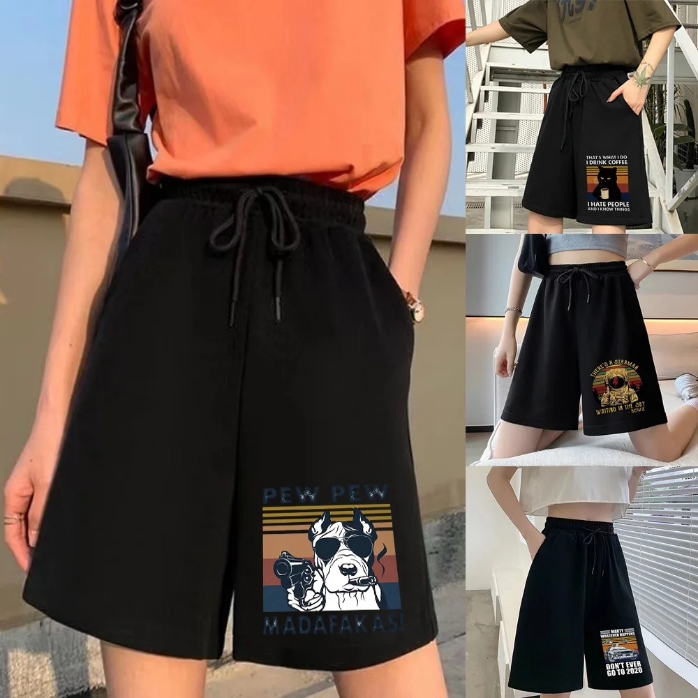 Women's Fashion Shorts Girls Harajuku Stretch Shorts Girls Pants Funny Cartoon Series Printed Simple Cropped Pants