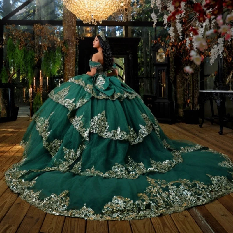 Dark Green Shiny Quinceanera Dresses Ball Gown Off The Shoulder  Gold Applique Lace Beading Crystal Bow Tull Party Birthday Swee