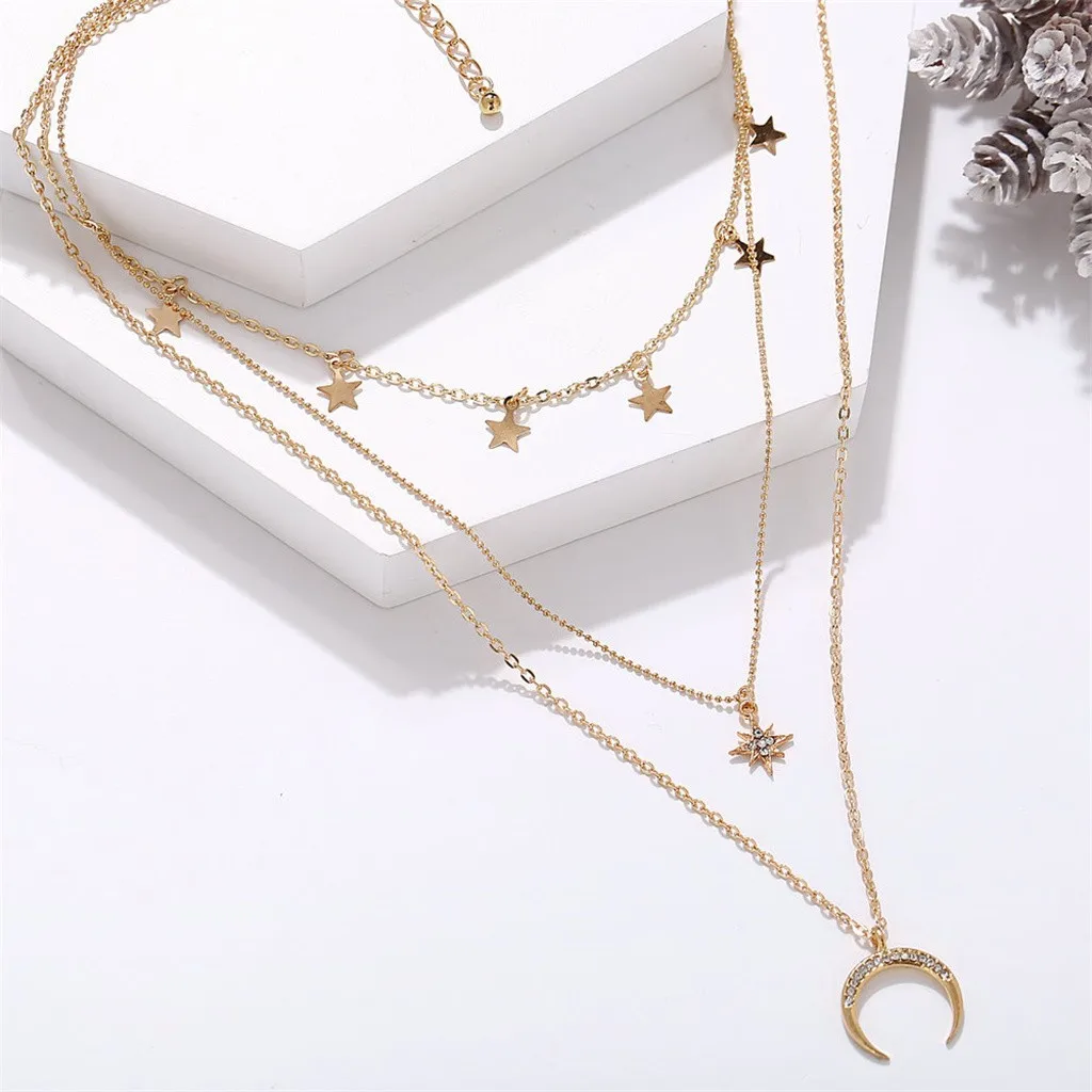 Necklace For Women Fashion Elegant Star Moon Three-layer Necklace Vintage Clavicle Chain Ladies Party Jewelry Necklace 2022