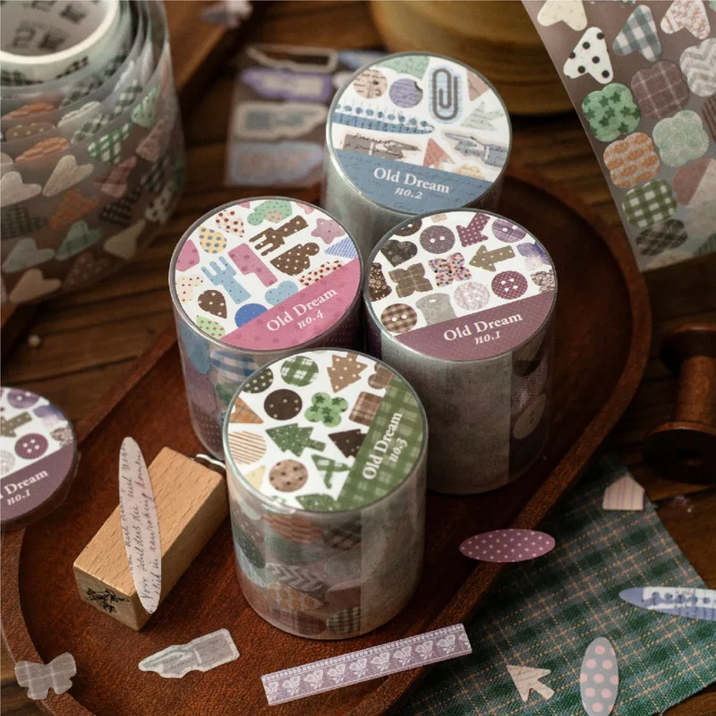 1 Roll Vintage PET Washi Tape, Old Dream Retro Geometric Heart Arrow Pattern Decorative Tape for Junk Journal Scrapbook DIY