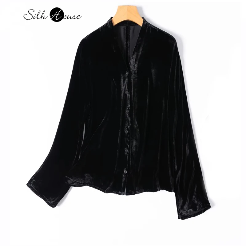 

2024 Women's Fashion Autumn New Light Luxury 30% Natural Mulberry Silk Velvet Long Sleeve V-neck Black Versatile Shirt