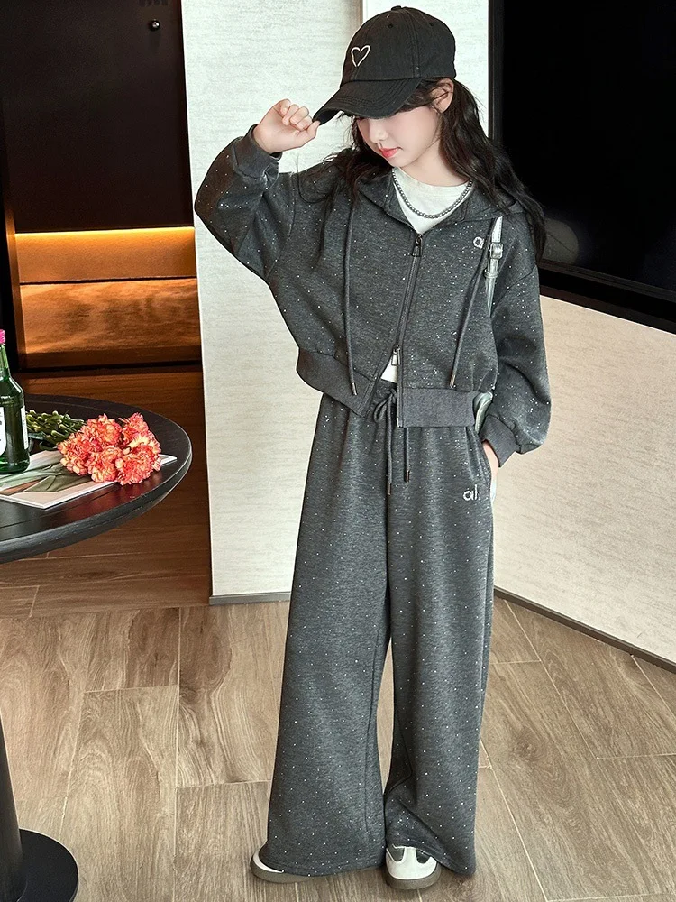 

Girls' autumn outfit 2025 new style hooded zipper top plus straight pants two-piece set, large size for children, casual sequine