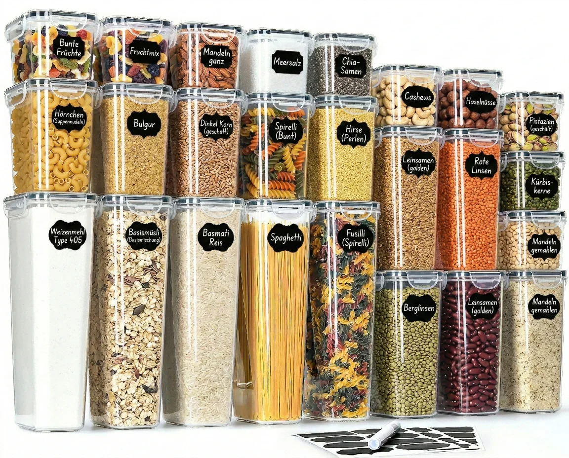 Boîtes de Conservation Hermétiques avec Couvercles Lot de 25 – Rangements Cuisine Sans BPA pour Farine, Céréales, Sucre, Spaghetti & Pâtes, Boîtes Empilables 2,8L/2,0L/1,4L/0,8L, Lavables au