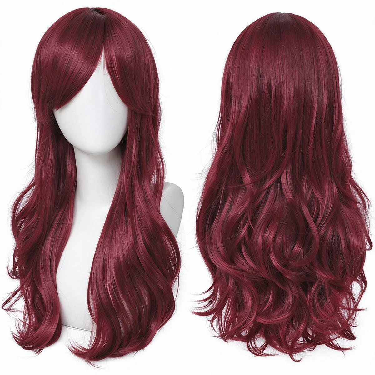 Synthetic Hair Burgundy Long Wavy Wig with Side Bangs, Heat Resistant Anime Cosplay Wig for Women Party Dress Up