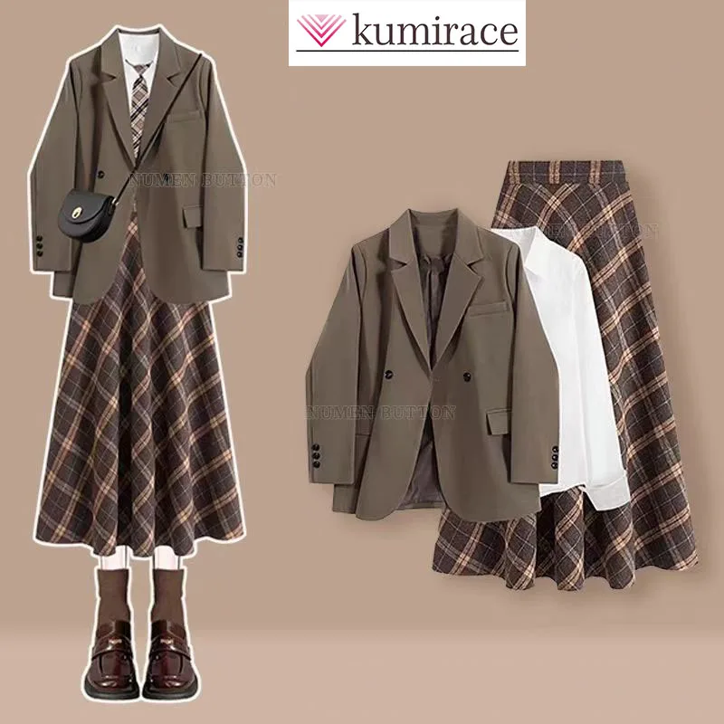 

Large Size Autumn Casual Suit for Women, Stunning and Age Reducing Suit Jacket, Base Coat with Plaid Skirt, Three Piece Set