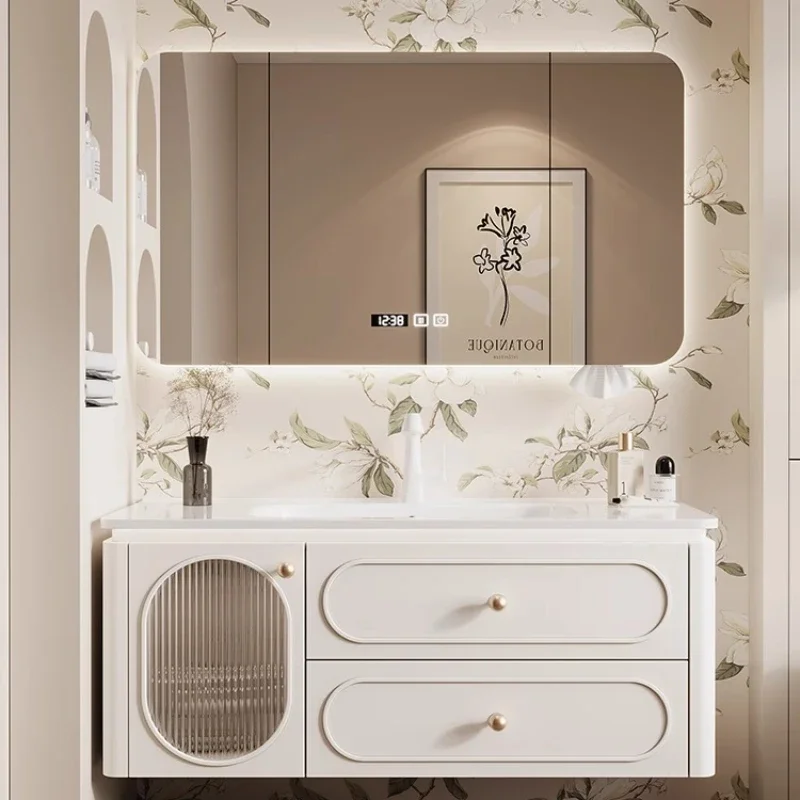 French High End Painted Ceramic Integrated Cream Combination Bathroom Style Washing and Hand Cabinet Oak Basin Intelligent Above