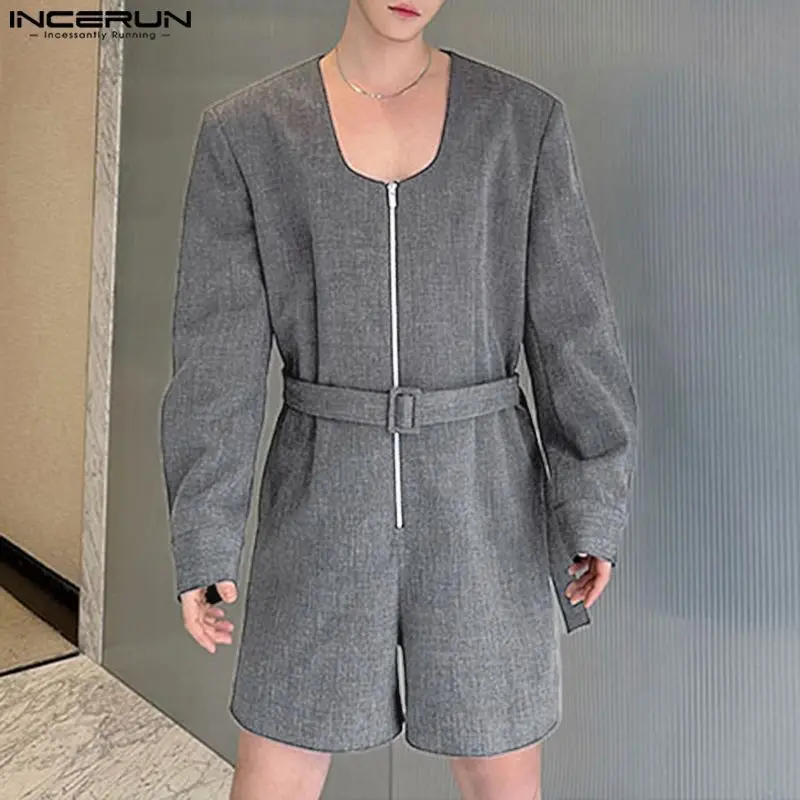 INCERUN 2024 Handsome New Men's Rompers Stylish Low Neck Zipper One Piece Bodysuit Casual Male Solid Long Sleeved Jumpsuit S-5XL