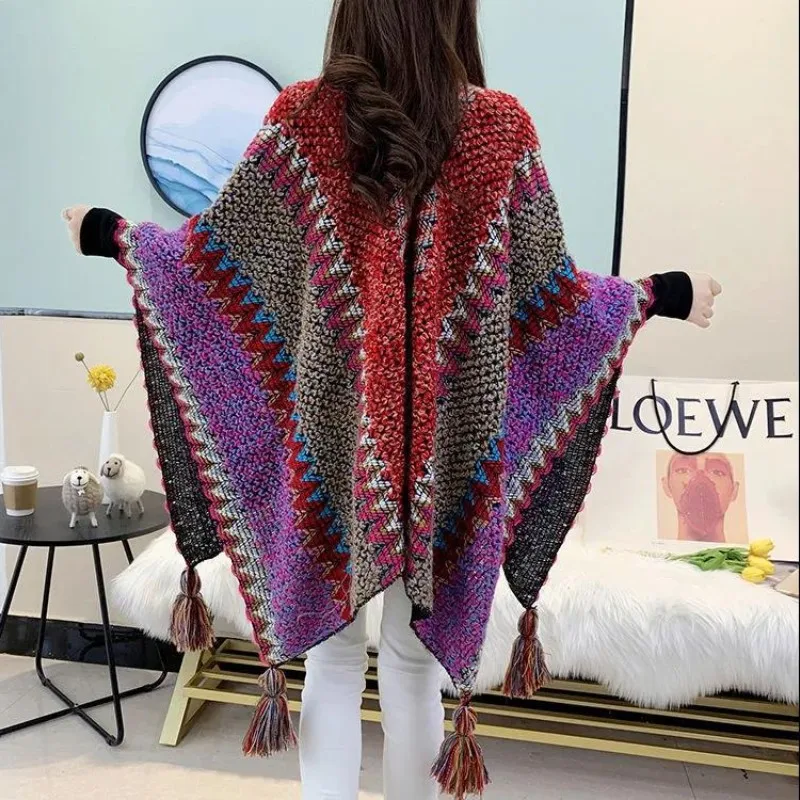 23 Colors Women Cardigan Knitwear Multicolor Stripe Capes Loose Thick Poncho Autumn Knitted Ball Sweater Tassel Outstreet Shawl