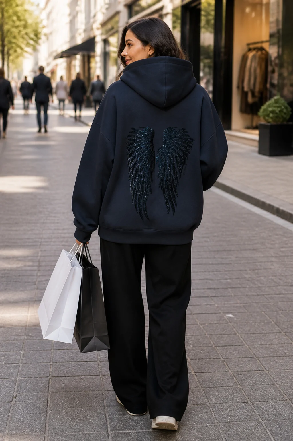 2026 Glitter Angel Wings Hoodie Women's Street Loose Long Sleeve White Pullover Fashionable 2000 Harajuku Casual Sweatshirt