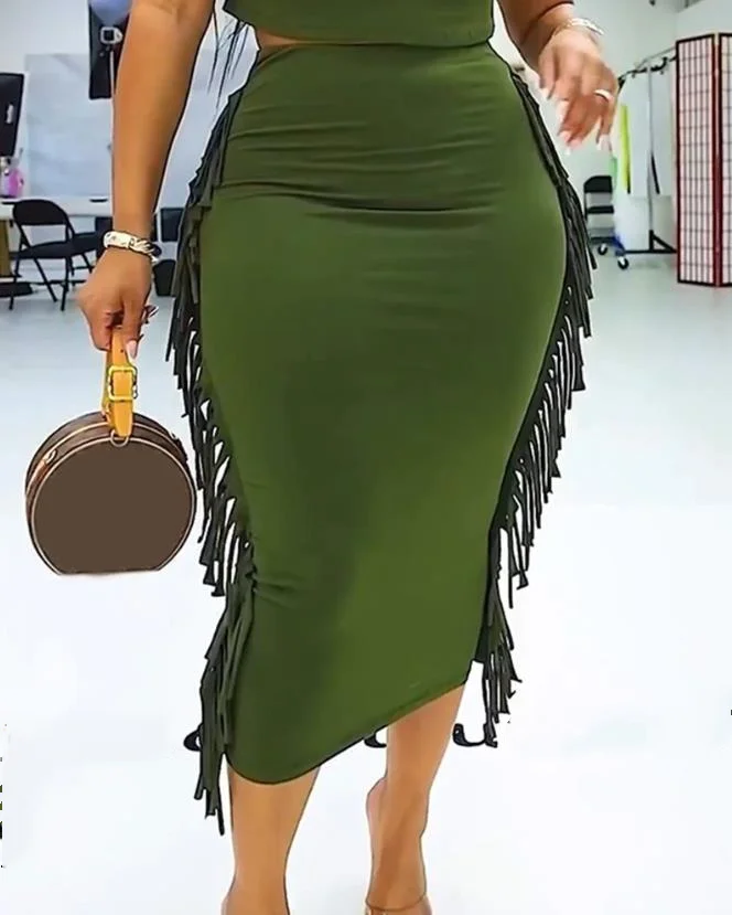 Two Piece Set Women Outfit 2024 Summer Casual O-Neck Short Sleeve Crop T-Shirt & Tassel Design High Waist Daily Mini Skirt Set
