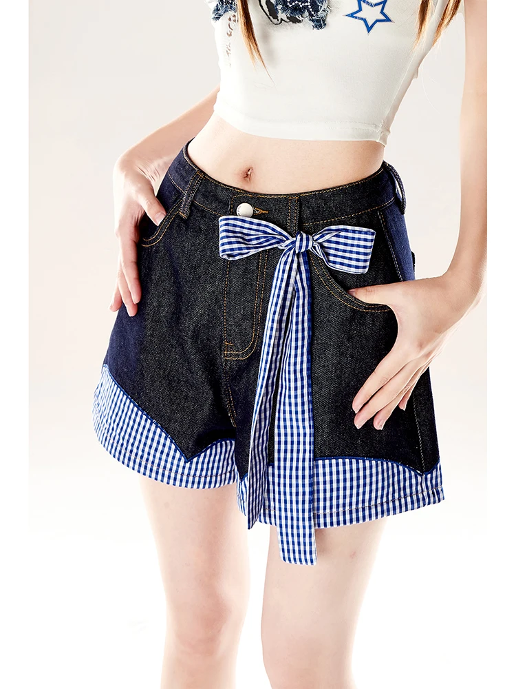

Women'S Plaid Color Blocking Bow Denim Shorts Summer High Waist Zipper Loose Straight Leg Office Shorts Fashion Casual Hot Pants