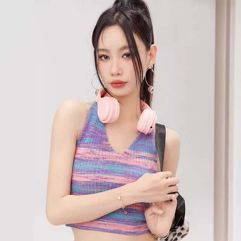 

1pcs Tank Top Summer Dopamine Colorful Striped Knitted Camisole Women Sexy V Neck Halter Slim Tank Top