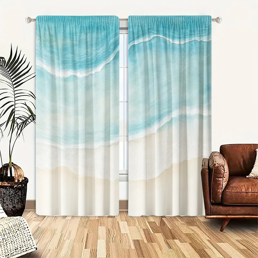 2PCS Digital Printed Curtains, Summer Ocean Wave Pattern, Coastal Beach Style for Living Room Bedroom Apartment Home Decor