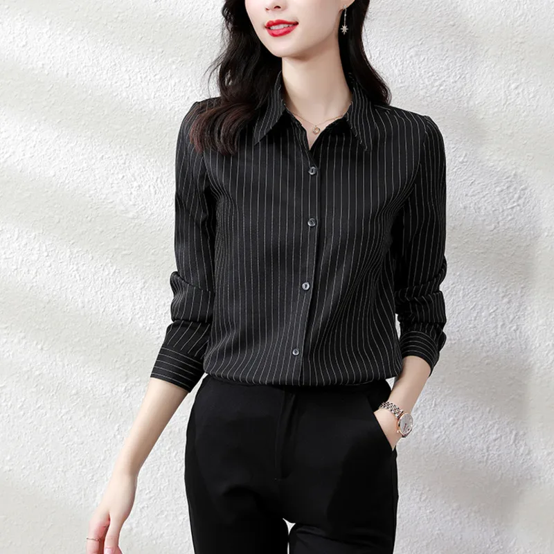 #2519 Vertrical Striped Shirts Women Long Sleeves Office Shirt Female Slim Elegant High Quality Fashion Womens Tops And Blouses