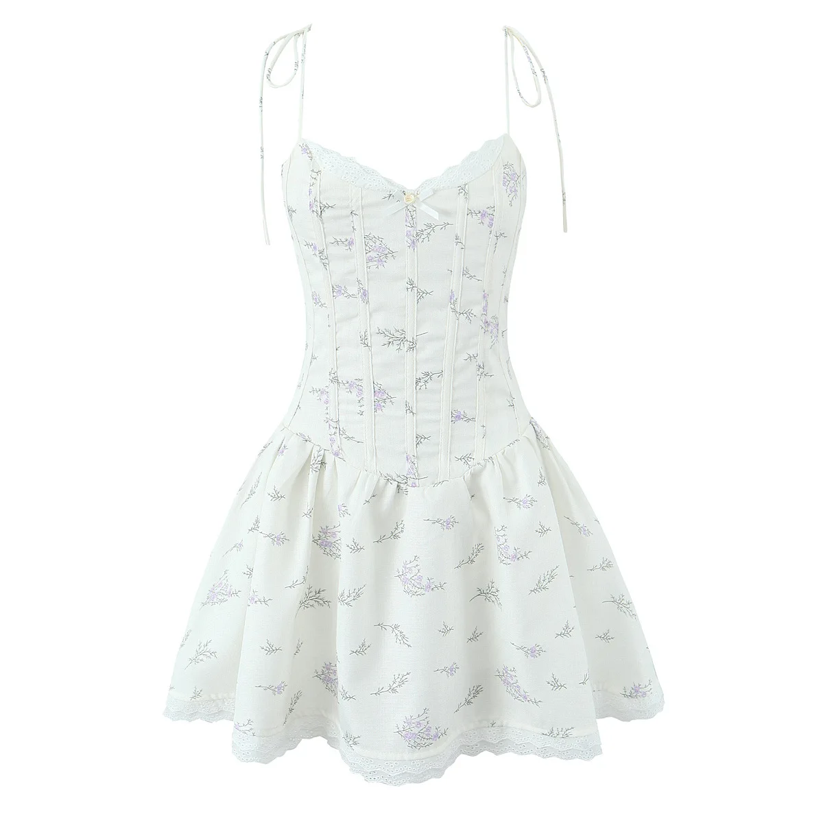 

Purple Floral Print Mini Dress Women Summer Lace Trim Bow V-neck Lace-up Suspender Dresses Sweet Fashion Casual A-line Vestidos