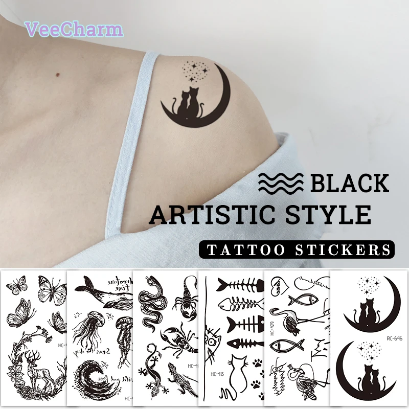 VeeCharm-pegatinas de tatuaje temporal, color negro, a la moda, minimalistas, perfectas para muñeca y clavícula, corazón, flores, Animal,15 hojas por juego