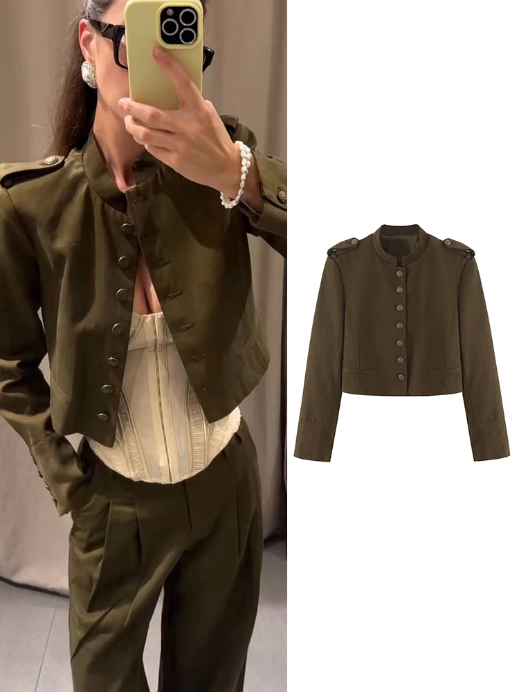 TFMLN Elegant Women Short Suit Jacket Slim Stand Collar Long Sleeve Single Breasted Blazer Coats 2026 Autumn Lady Jackets