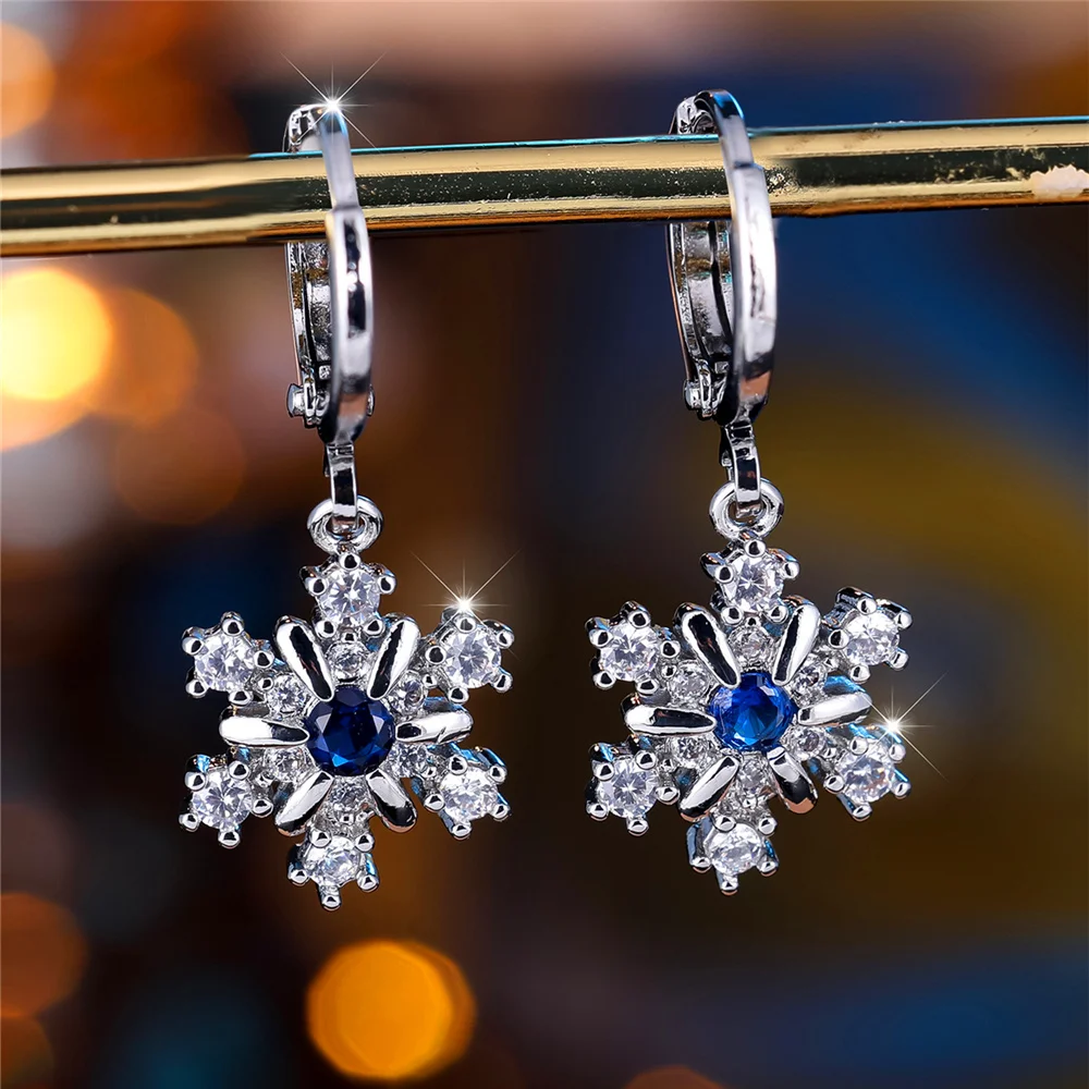 Cute Female White Blue Zircon Stone Snowflake Hoop Earrings Fashion Female Silver Color Wedding Jewelry For Women