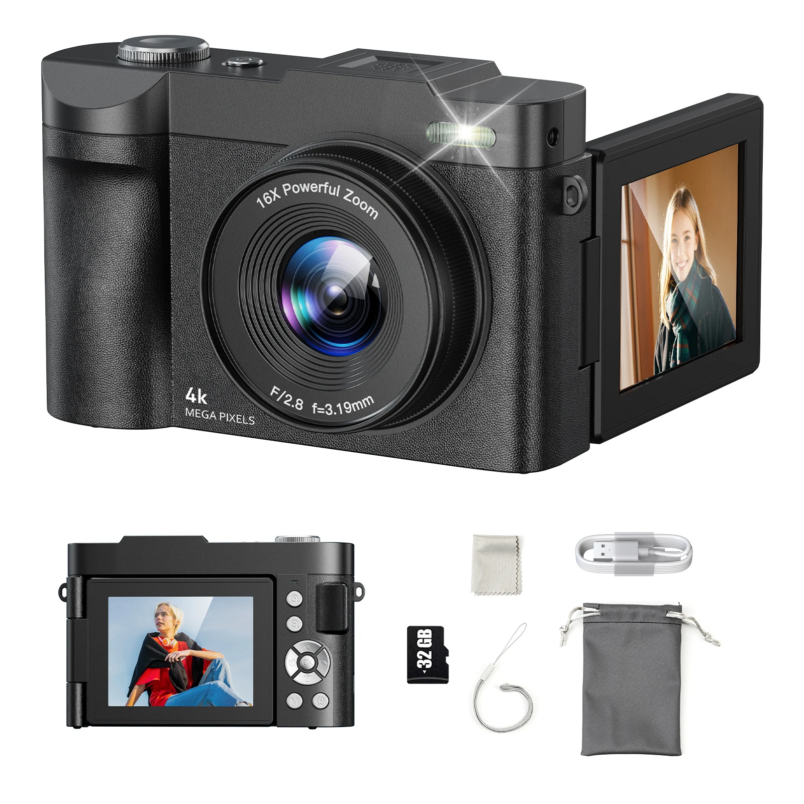 

4K Digital Camera for Photography Autofocus 16x Zoom Camera with 32GB Card 2.8" 180°Flip Screen Compact Travel Camera for Teen