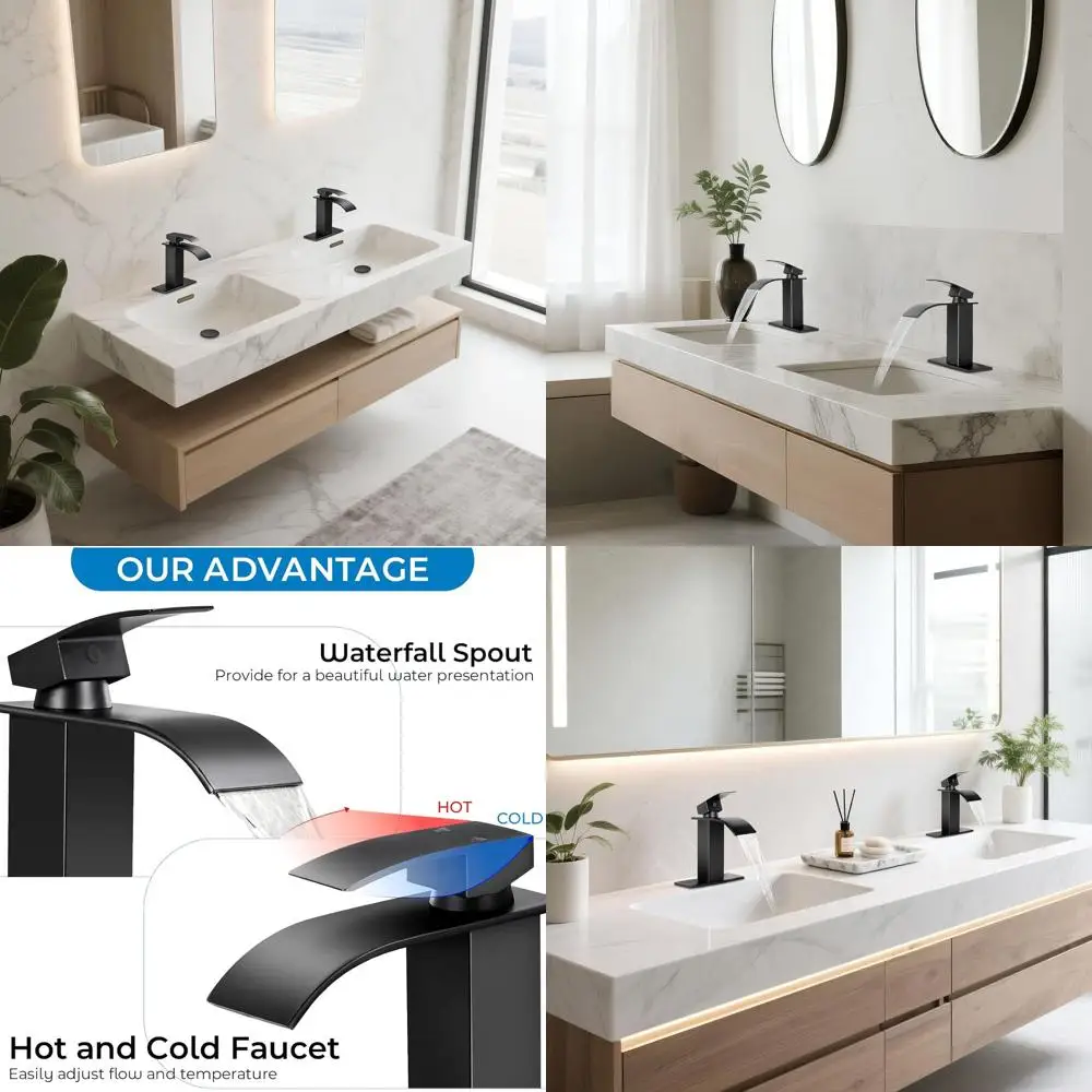 

Современный однорычажный смеситель для раковины с эффектом водопада, с выдвижным сливом и декоративной накладкой для установки на 1 или 3 отверстия