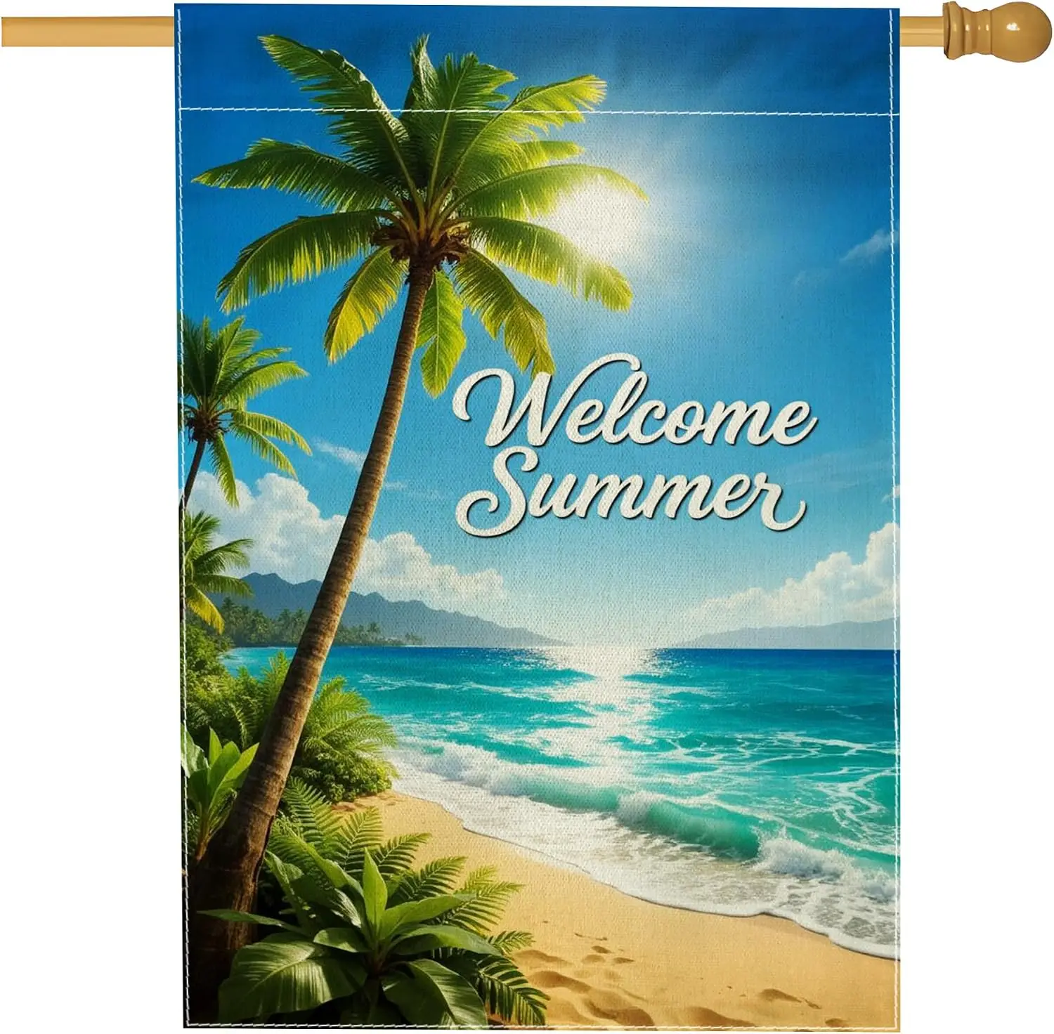 Palm House Flag, Summer Tropical Ocean Beach Summer Blue Double Sided Burlap Outside Large Garden Flag for Outdoor Patio Law MMZ