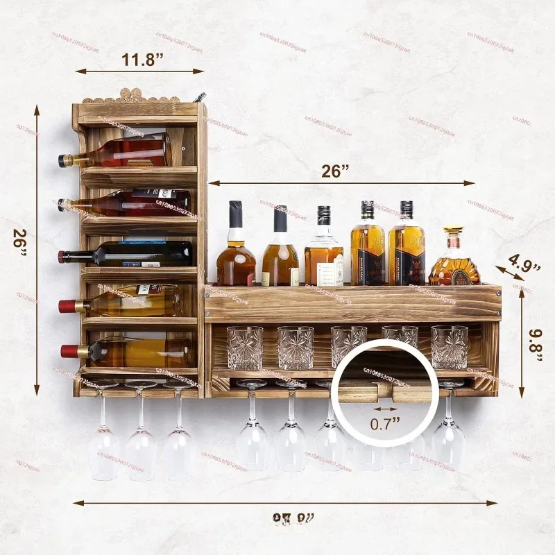 Wall Mounted Wine Rack Display Storage Rack Wooden Wine Shelf with Bottle Stemware Glass Holder Rustic