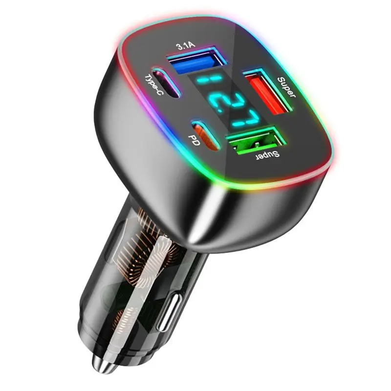 B63B-5 Port USB C Car Phone Adapter+Voltage Display Dual PD 30W Super Fast For 15Pro Max