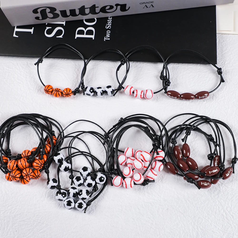 10Pcs Football Baseball Basketball Beads Charm Adjustable Bracelets for Kids Sports Theme Birthday Party Favors Pinata Fillers