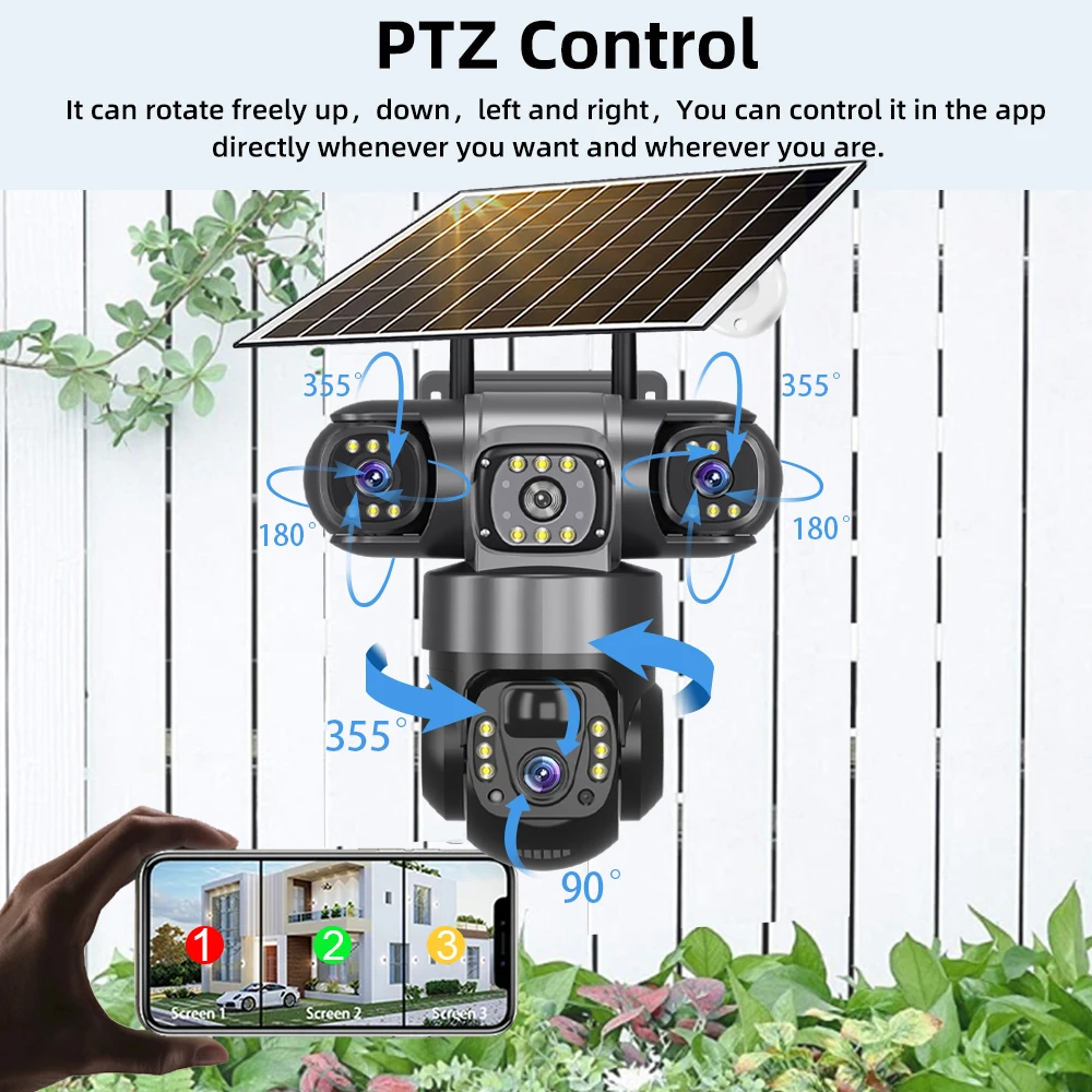 كاميرا IP تعمل بالطاقة الشمسية بثلاث عدسات 4G خارجية 6K 12MP ثلاث كاميرات PTZ مع لوحة طاقة شمسية ملونة للرؤية الليلية للمراقبة المنزلية