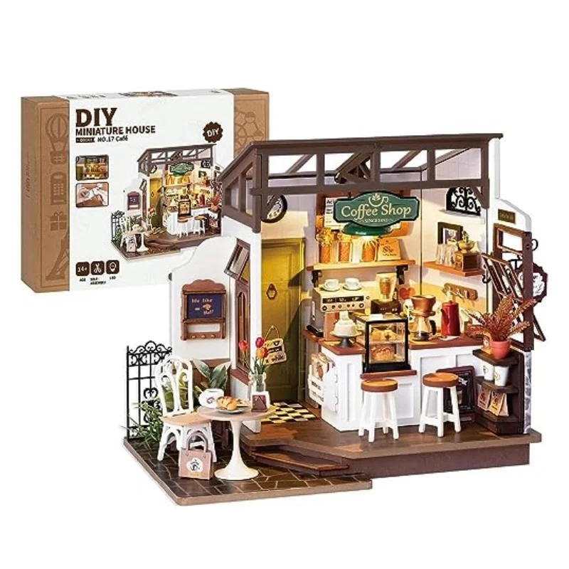 

Robotime DIY Wooden Dollhouse Set NO.17 Coffee Model Building Set with Accessories and LED Model Kit for Adult and Children