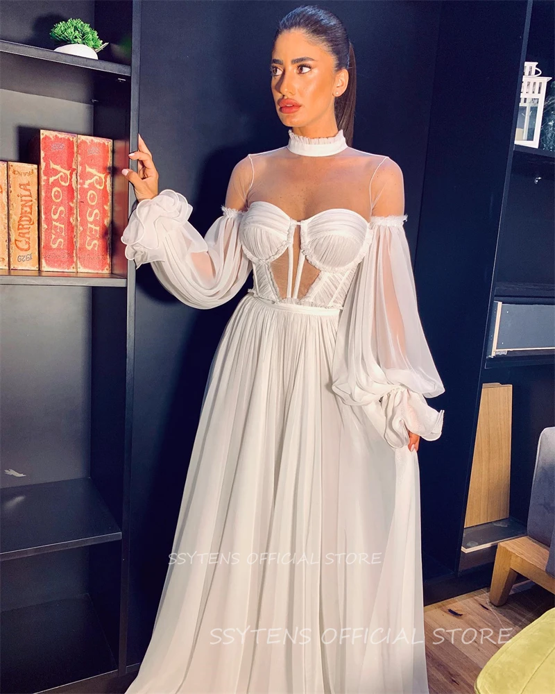 New Fashion High Neck Tulle Pleats Wedding Dresses Princess Bride Dress See Through Bridal Gowns Long Sleeves Sexy Marriage Gown