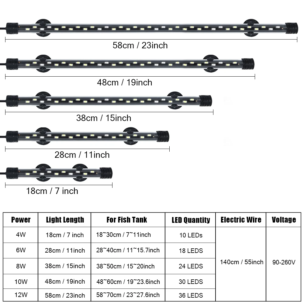 Aquarium Light LED Plant Grow Lamp Waterproof Fish Tank Light 18-58CM Underwater Aquariums Decor Lighting 90-260V 5730chip