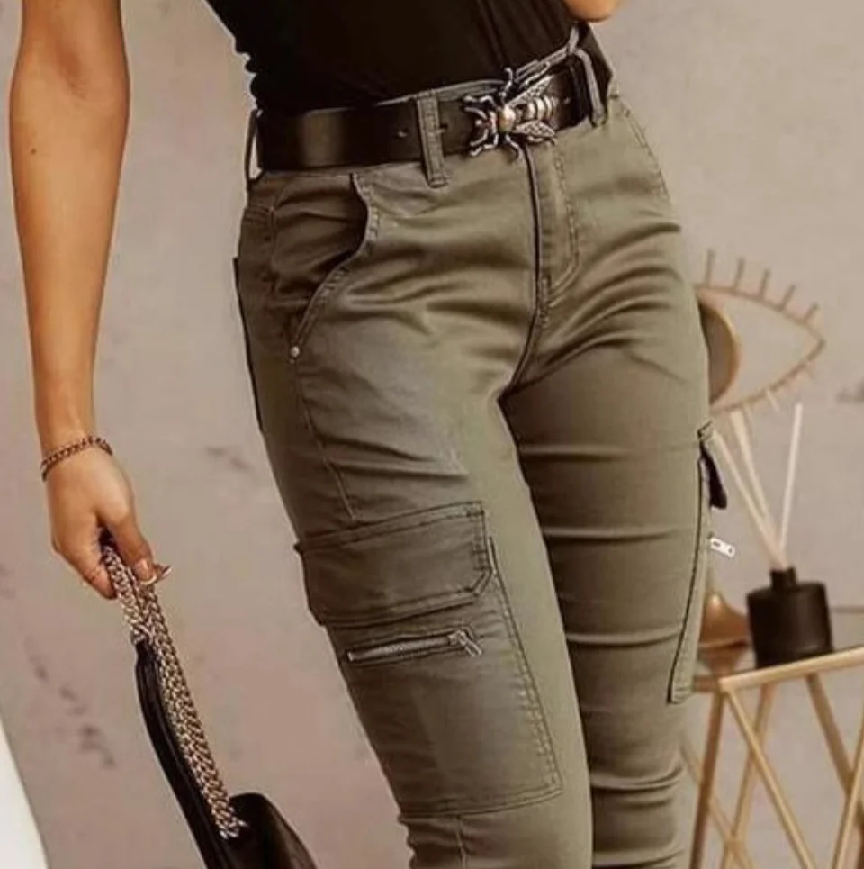 2026 New Woman Work Trousers Spring Autumn Casual Multi-Pocket Tight Foot Trousers Low-waist Button Solid Color Women's Leggings
