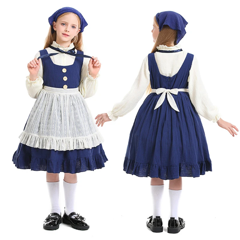 

Halloween Children's Match Little Girl Uniform Farm Maid Costume Civilian Girl Role Play Children's Stage Performance Blue Dress