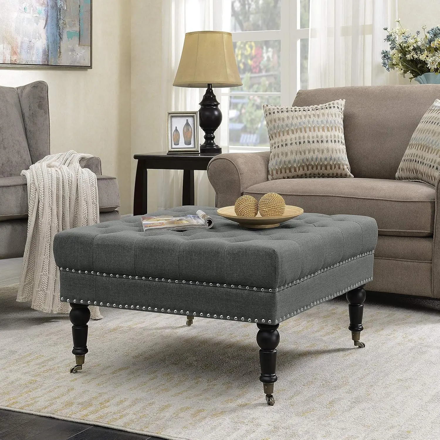 Modern 34 Inch Square Linen Ottoman with Caster Wheels, Contemporary Classic Footsool Bench with Button Tufted Top