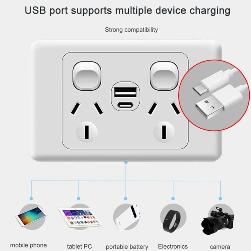 Australia Argentina socket with USB smart type-c fast charging wall plug 15A, New Zealand fan light switch dual usb power socket